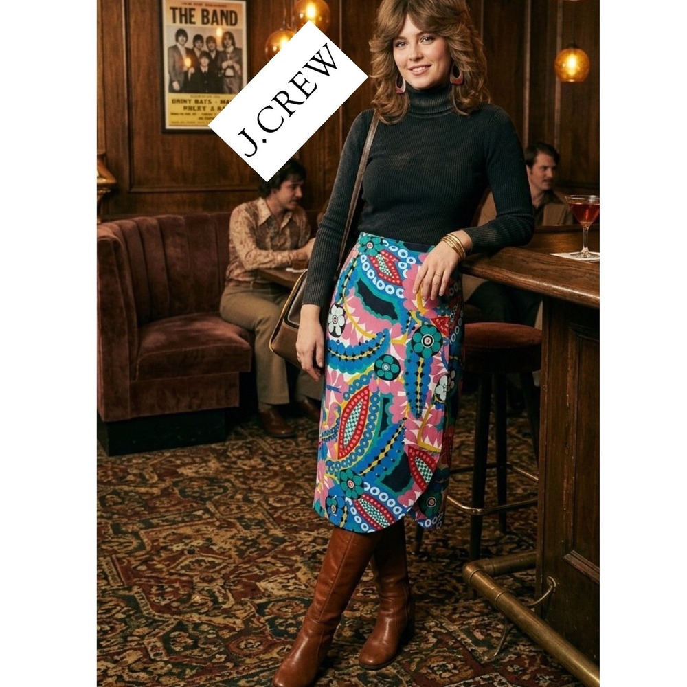J.Crew Psychedelic Floral Paisley Wrap Midi Skirt Multi-Color Size 6 Retro 60s